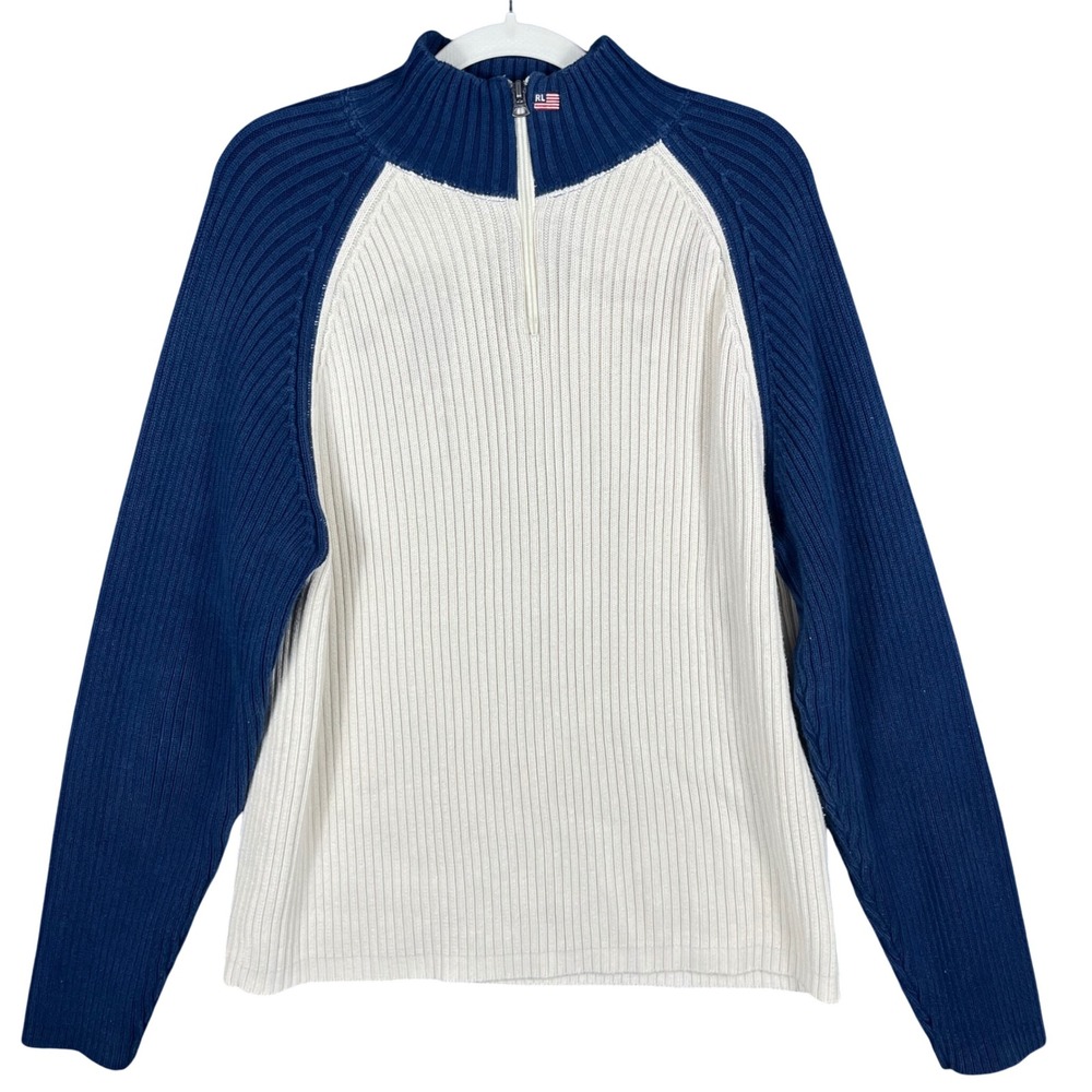 Polo Jeans Company Quarter Zip Sweater Mens L Cream Blue Raglan Ribbed Cotton